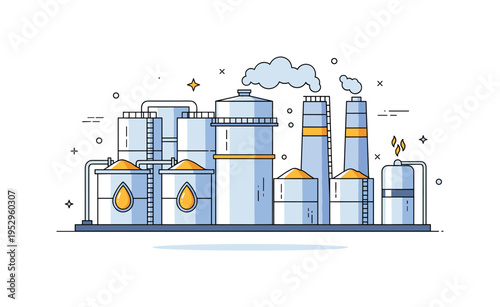 Oil and chemical raw material storage tanks arranged in a compact industrial scene expressing energy infrastructure and resource containment. Clean cylindrical