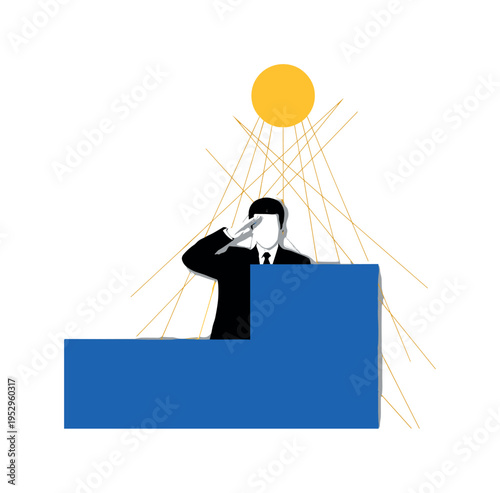 Black and white saluting figure positioned at the edge of a bold blue rectangular block like a podium, bright golden yellow circle rising behind as symbolic