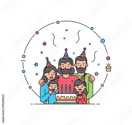 Surprise birthday celebration featuring family members standing behind a cake with party hats and subtle confetti elements, expressing excitement and playful