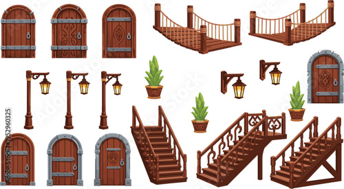 Wooden fantasy game elements set with doors bridges stairs lanterns and plants, medieval interface assets collection isolated on white background