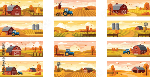 Cartoon autumn farm landscape set with barns tractors fields windmills and rural scenery collection isolated on white background vector illustration