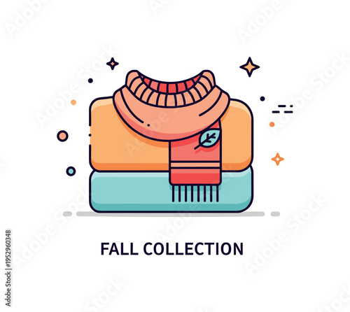 Seasonal fashion collections autumn layering concept illustrated by a folded sweater and scarf with a tiny leaf accent, conveying cozy textures and