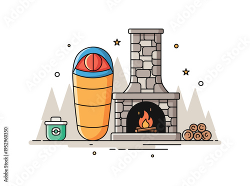Cabin retreat scene with a compact sleeping bag and stone fireplace as the central elements expressing escape, quiet reflection, and rustic comfort. Soft amber