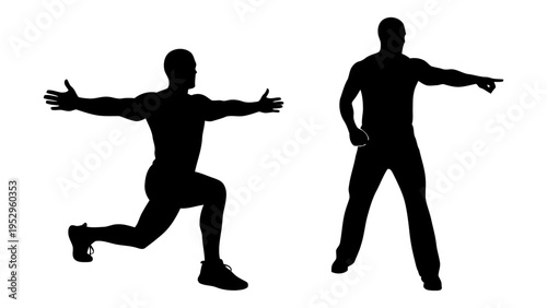 Silhouettes of athletic men lunging and pointing for fitness coaching leadership and direction concept