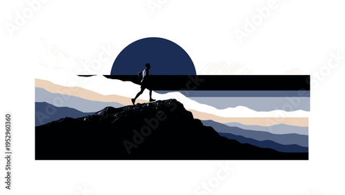 monochrome runner on mountain trail silhouette, deep indigo circle behind figure representing horizon, abstract geometric rectangles forming landscape layers,