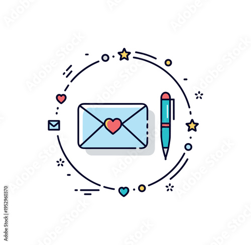 Timeless correspondence badge circular emblem featuring envelope, pen and small heart accent arranged harmoniously, symbolizing enduring human connection