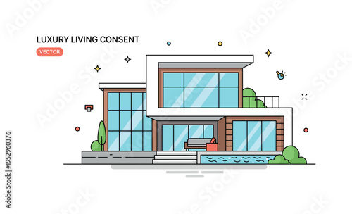 Luxury living concept modern villa silhouette with large windows and a small pool detail in front, conveying exclusivity, comfort and high end residential