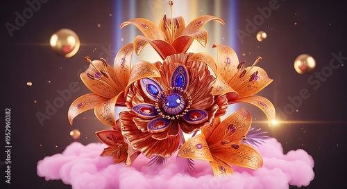 3D render of ornate metallic lilies and flower on pink cloud with gold spheres and bokeh lights