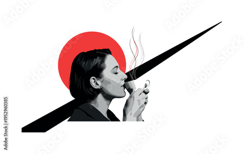 Black and white vintage portrait of a businessperson holding a seedling, oversized blue circle framing the upper body, abstract orange rectangular block