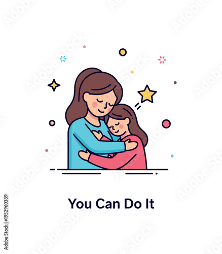 Mom comforting child encouragement scene with a mother figure offering a gentle hug while a small star icon appears above the child, expressing confidence