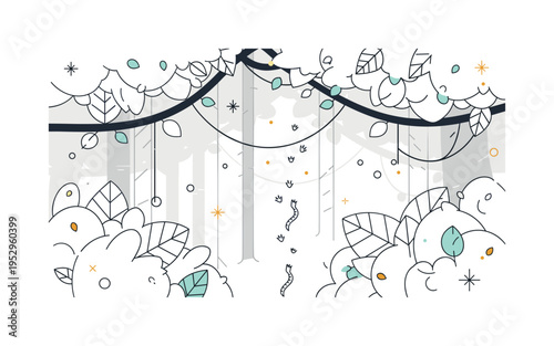 Rainforest canopy scene with a narrow footpath marked by small reptile tracks, suggesting hidden creatures and life beneath dense foliage. Clean geometric