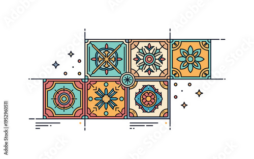 Ornamental ceramic floor tile scene showing repeating symmetrical motifs framed within square boundaries, symbolizing decorative elegance and structured
