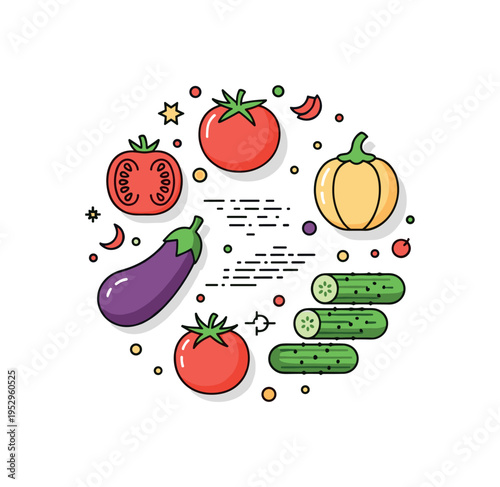 Vegetables colorful assortment theme featuring neatly arranged tomato, eggplant, and cucumber shapes in a circular layout. The scene communicates diversity of