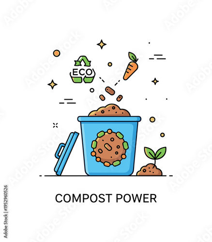 Eco friendly fertilizers composting process theme shown as a simple compost bin with tiny organic scraps transforming into nutrient rich soil, expressing