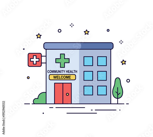 Community health clinic small building with a cross sign and welcoming doorway, symbolizing accessible care and neighborhood medical services. Minimalist flat