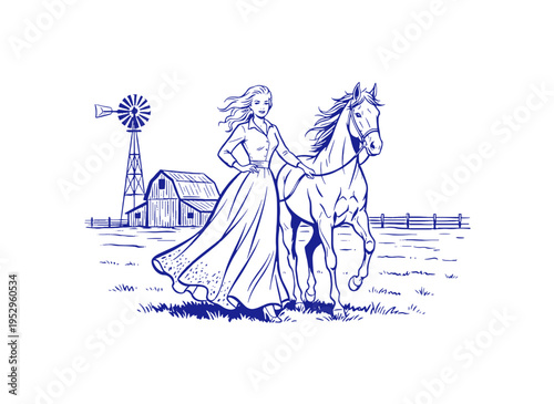 Woman with horse vintage artwork for t shirt. Farm life illustration for apparel. Country road design. Rustic barn windmill graphics. Ranch girl.