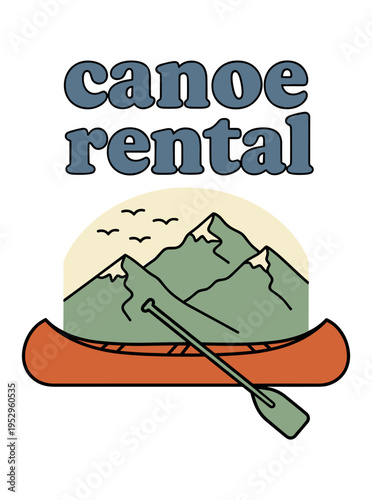 Canoe rental with mountain backdrop illustration — outdoor adventure, nature tourism and visual design for social media, branding and educational content in lifestyle, community and creative contexts 