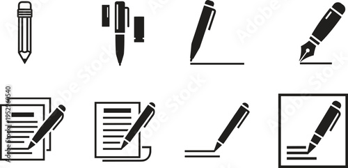 Pencil, ballpoint pen, fountain pen icons, writing on paper document, signature contract agreement, office stationery, linear black vector symbols.