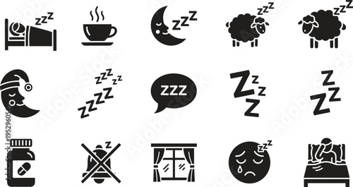 Sleep and insomnia icons, night rest symbols, bedtime routine elements, dreaming moon, counting sheep, and health wellness vector illustrations.