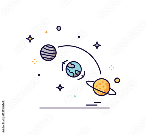 Galactic alignment scene built around three simplified planets connected by a gentle arc, expressing harmony, timing, and cosmic balance. A symbolic editorial