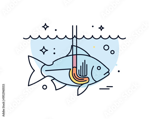 Fish anatomy focus illustration with a simplified fish silhouette and a highlighted gill section emphasized by soft color contrast, representing how breathing