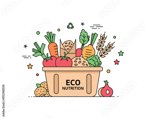 Organic grocery basket filled with seasonal produce and whole grains emphasizing freshness, sustainability, and mindful consumption. The compact composition