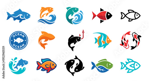 Collection of fifteen stylized fish icons in various colors and designs, showcasing different shapes and poses.