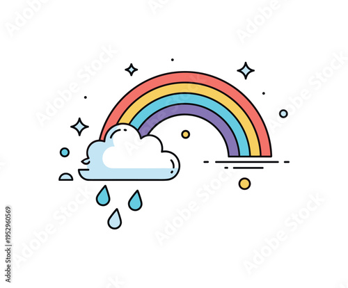Rainbow after rain concept illustrated with a soft arc rainbow emerging from a fading cloud and last few raindrops, symbolizing hope and renewal. Subtle