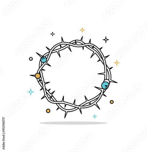 Crown of thorns symbol delicately arranged in a circular form expressing sacrifice and reflection within Christian tradition. Clean lines and subtle shading