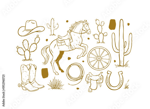 Wild West vintage set design. Horse cactus and cowboy boots artwork. Western adventure for t-shirt. Retro desert ranch graphic. Apparel and sticker.