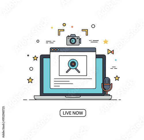 Virtual event production modern online conference setup illustrated by a laptop displaying a speaker window framed by a small camera and microphone icon. The
