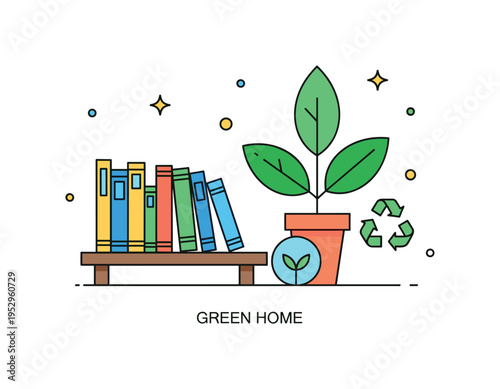 Book shelf with plants eco lifestyle theme featuring a shelf with books aligned beside a bold leafy plant and a small recycling symbol accent, symbolizing