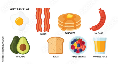 A colorful illustration of various breakfast foods on a white background