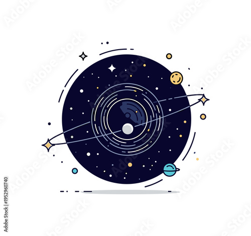 Dark matter gravitational lensing phenomenon represented by a distant star field distorted around an invisible circular area, symbolizing space curvature and