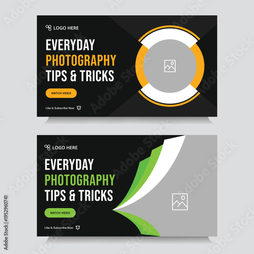 Multipurpose photography tips and tricks video thumbnail banner design, daily photography techniques video set cover banner design, fully customizable vector eps 10 file format