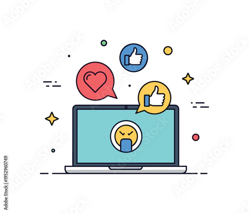 Virtual team check in showing a laptop with heart and thumbs up reaction icons floating above the screen expressing support and positive remote culture. A