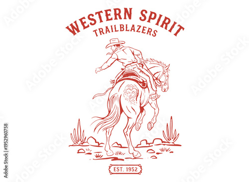 Western spirit vintage artwork for t shirt. Cowboy on horse apparel. Trailblazers outdoor design. Wild west graphics. Desert ranch rider.