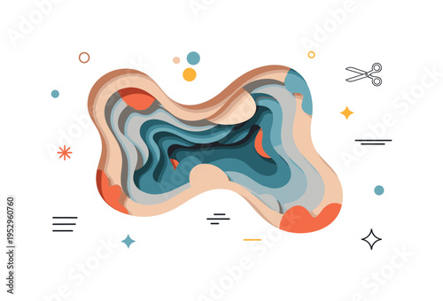 Hand cut paper collage shown through layered organic shapes with subtle shadow depth and tiny scissors icon, symbolizing tactile creativity and handcrafted