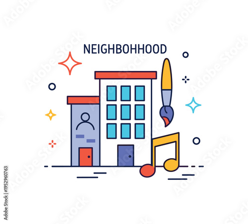 Neighborhood creative hub concept with a simple building icon combined with a paintbrush and musical note representing multidisciplinary collaboration and