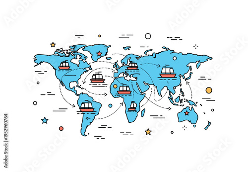 Colonization global expansion concept centered on a simplified world map with small ship icons and connecting lines, expressing exploration, trade routes, and
