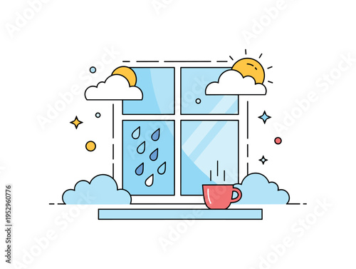Cozy rainy day indoors with a window showing soft raindrops while a hot drink sits on the sill, symbolizing comfort and appreciation of quiet weather moments.