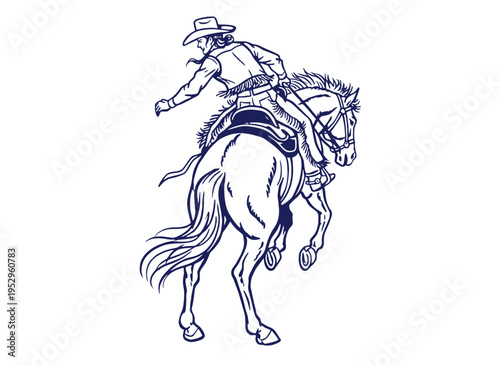 Cowboy on horse vintage artwork for t-shirt. Rodeo artwork for apparel, sticker, poster and others. Western horse rider sketch. Wild West design.