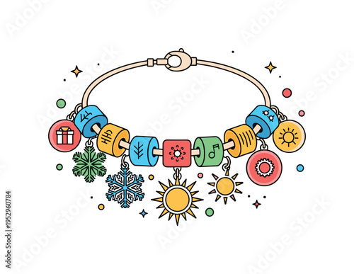 Seasonal charm bracelet with snowflake and sun pendants representing changing seasons and special celebrations throughout the year. Soft decorative dots create