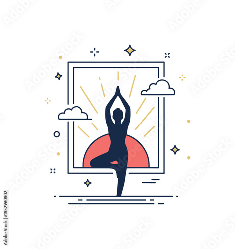 Relaxing sunset yoga practice represented by a silhouette in a tree pose with soft rays entering from a window outline, expressing balance and harmony. The