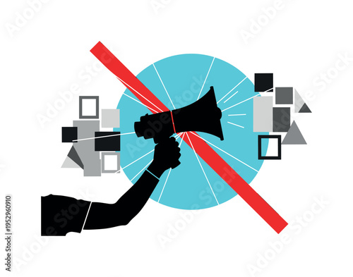 Black and white megaphone held by influencer silhouette, bright turquoise circular backdrop intersected by red diagonal bar for dynamic reach, abstract
