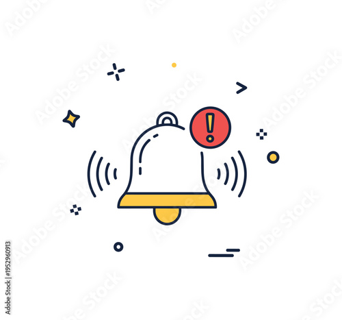 School bell alert notification idea featuring a minimal bell icon with small exclamation mark accent and tidy sound waves around it. A clear visual metaphor of