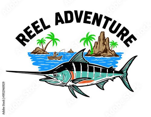 Reel adventure fishing artwork. Marlin vintage design for t shirt. Tropical island and ocean wave artwork. Deep sea fishing club design. Summer art.