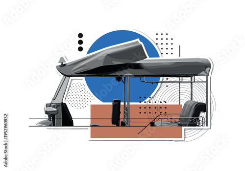Realistic black and white tuk-tuk roof canopy flapping slightly, vibrant blue circle accent behind upper frame, muted clay-colored rectangular block anchoring