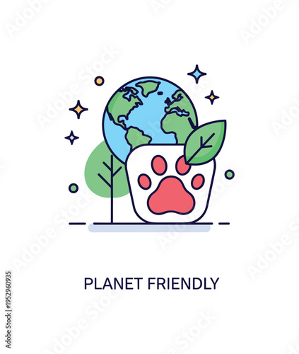 Plant based pet food climate conscious choice illustration with a small globe icon paired with a paw print and leaf detail, symbolizing reduced environmental