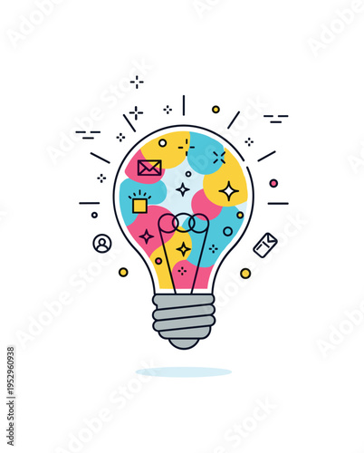 Creative idea explosion represented by a light bulb filled with bright abstract shapes and tiny sparkle details, expressing innovation, originality, and